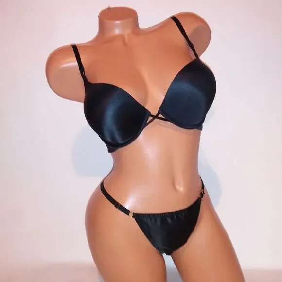 Victoria Secret Bra Set 32D Bombshell Push Up Small Panty Black Thong Solid New